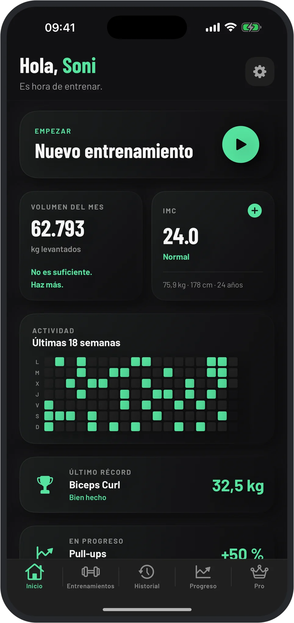 Vista previa de la app InosFitness en iPhone.